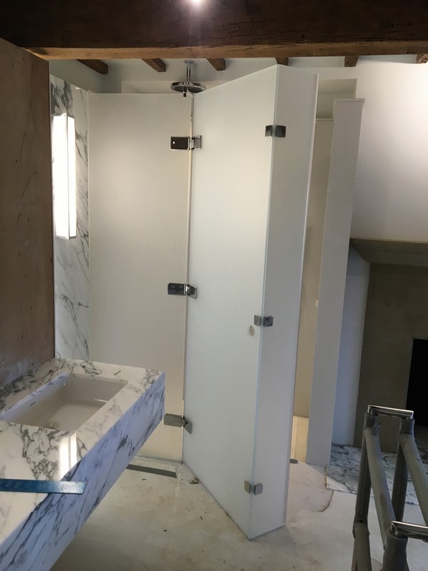 Bespoke frosted glass shower enclosure in Tring luxury bathroom